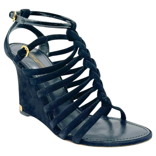 Louis Vuitton Black Suede & Gold Strappy Wedge Sandals - Outfit Repeater