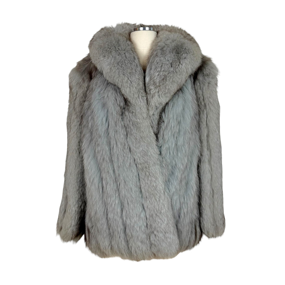 Vintage Fox Fur Coat Light Gray Open Front 1980s