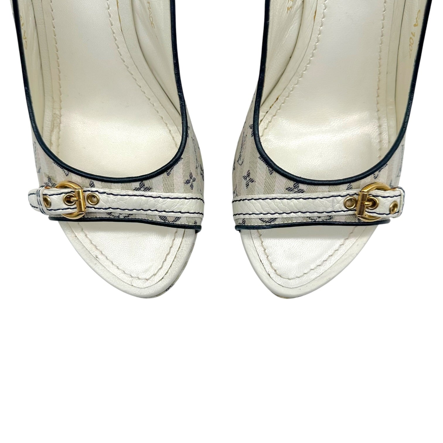 Louis Vuitton Navy Blue Striped Slingback Wedge Heels