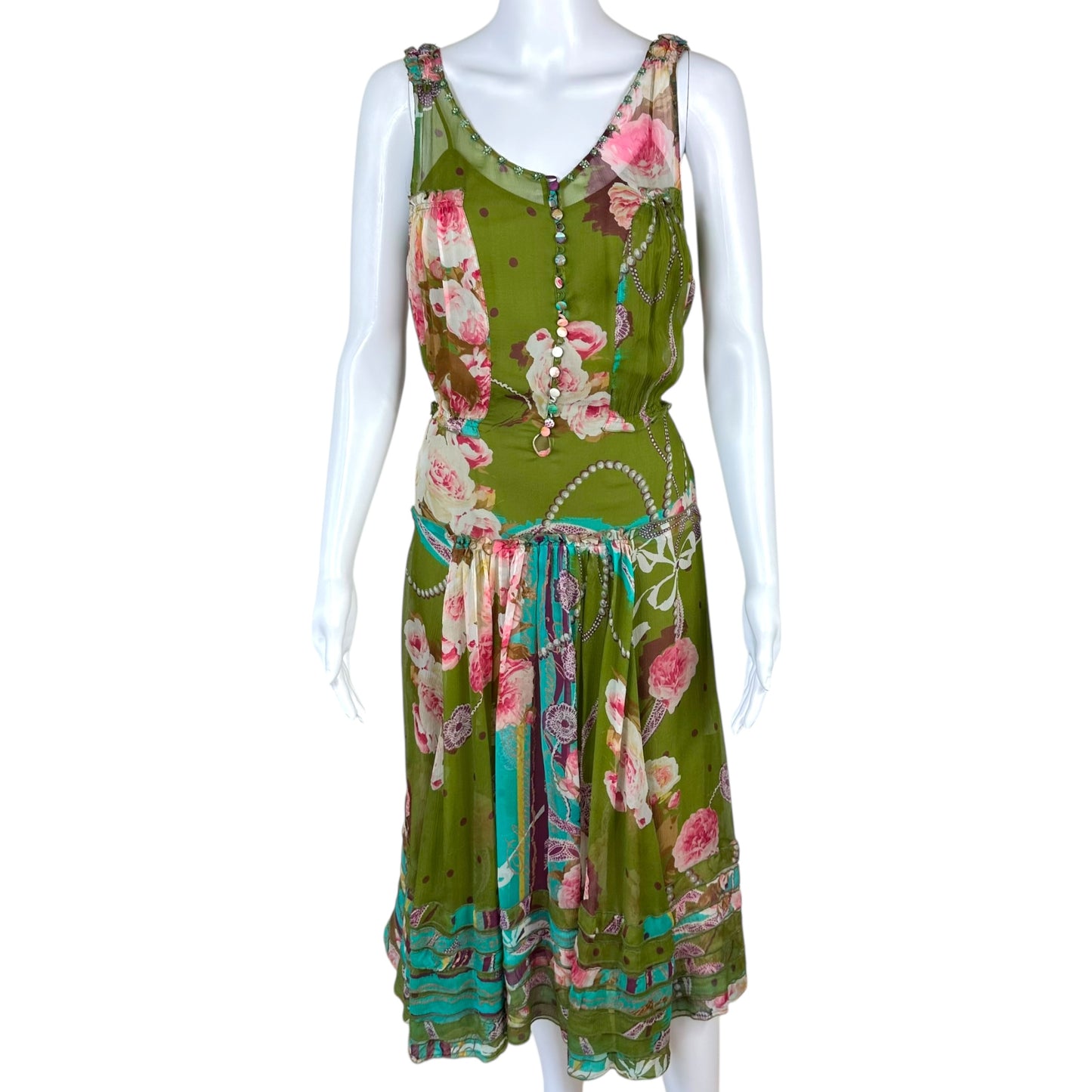 Blumarine Green Floral Silk Midi Dress NEW