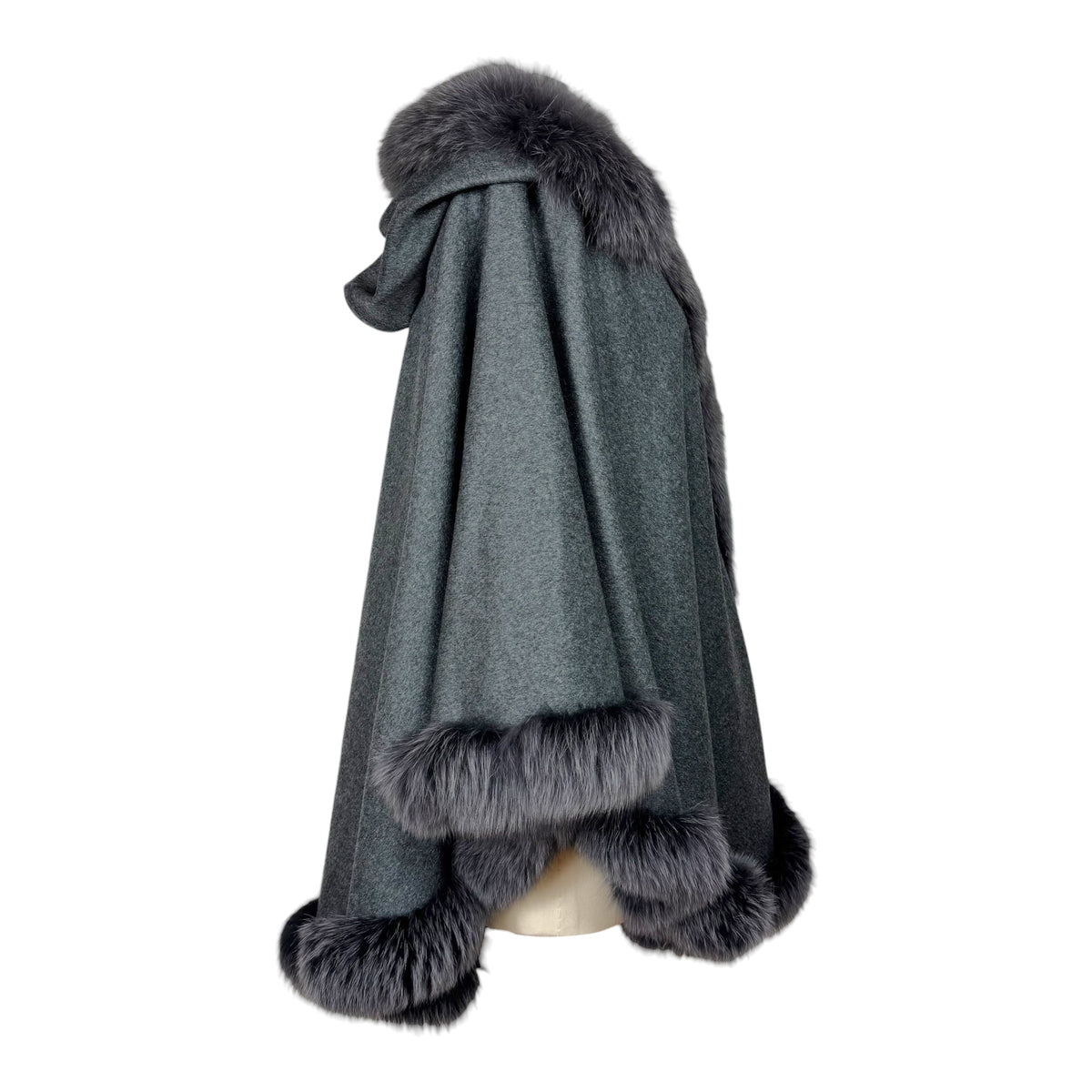 Balmain Gray Wool Fox Fur Cape