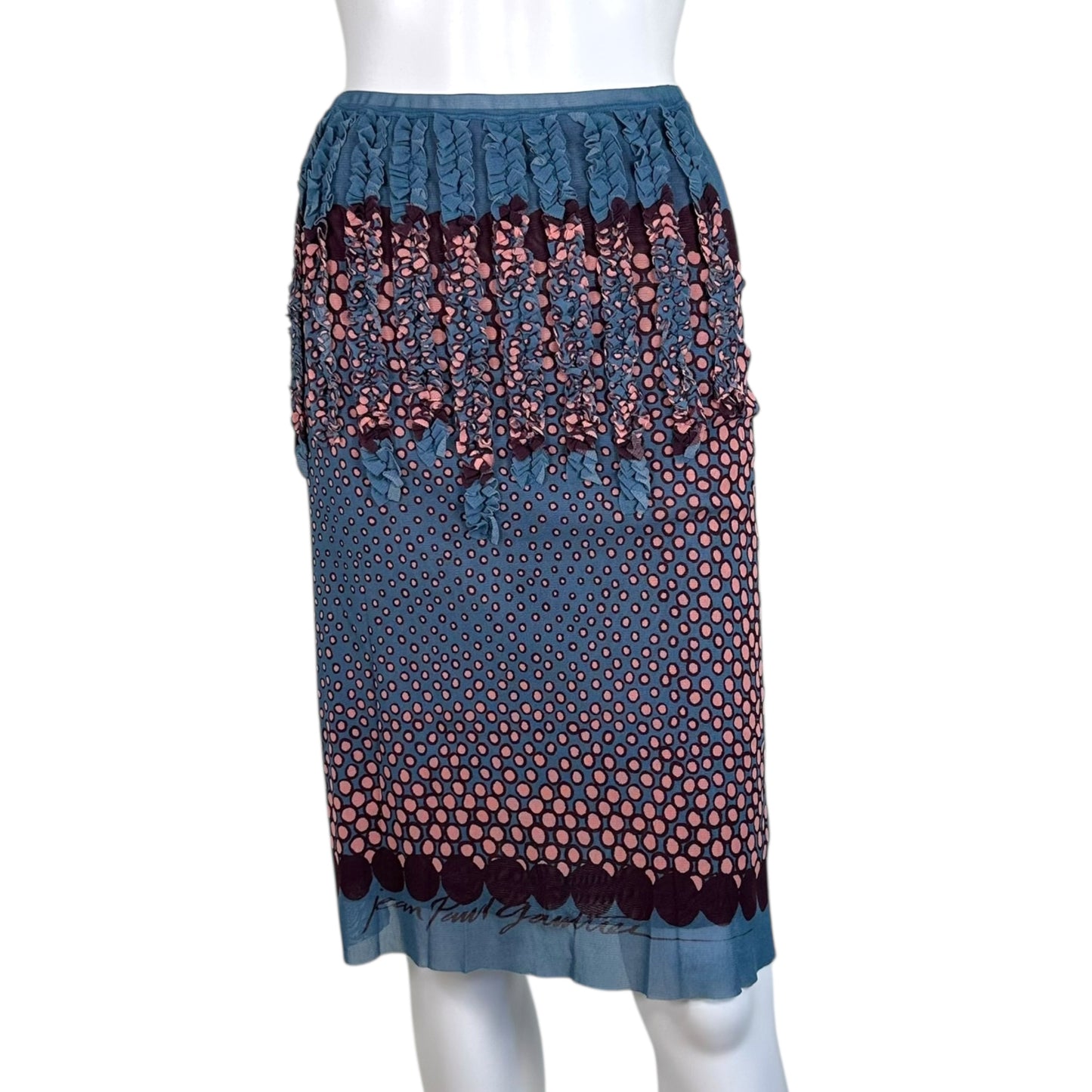 Jean Paul Gaultier JPG Teal & Pink Logo Print Mesh Midi Skirt