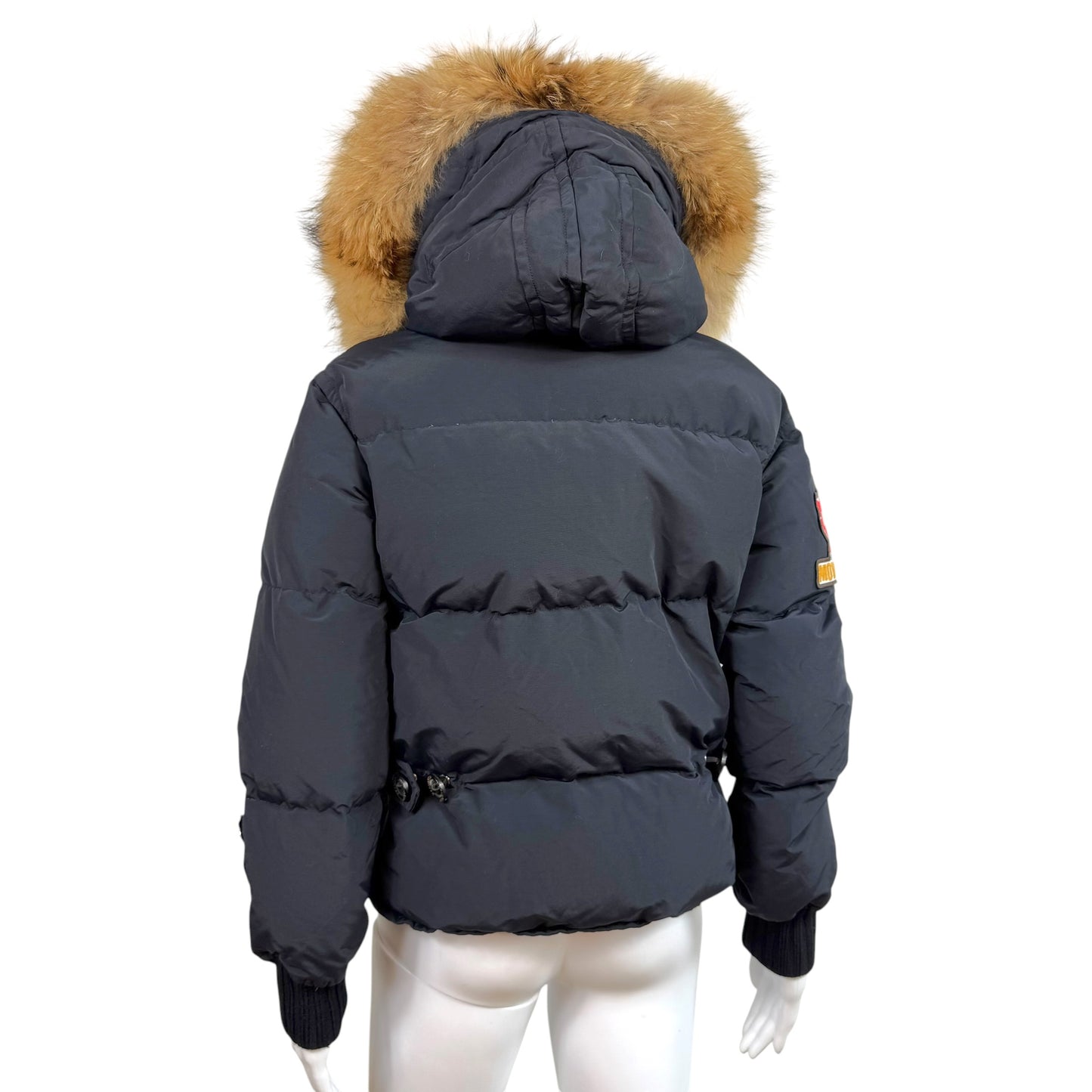 Dsquared2 Black Fox Fur Trim Hood Logo Patch Down Fill Puffer Coat
