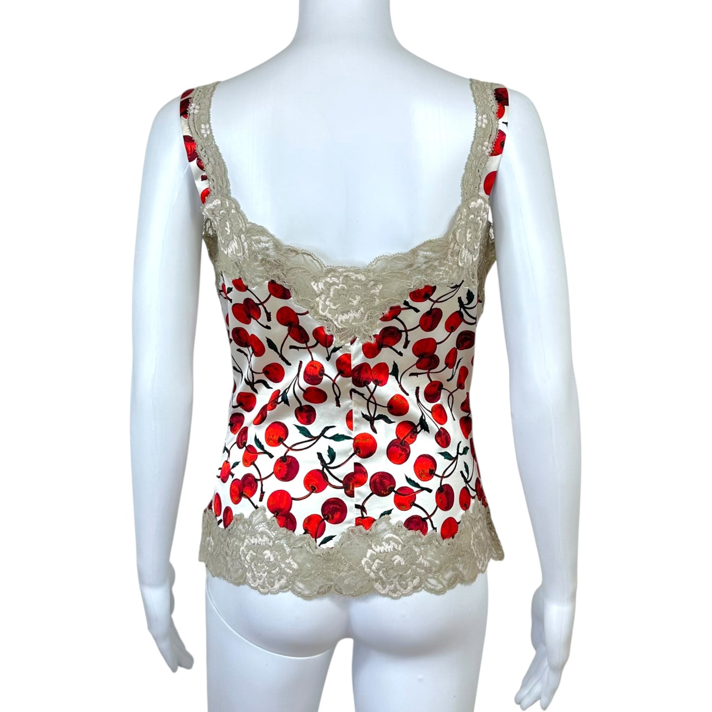 Dolce & Gabbana Cherry Print Silk Lace Trim Rhinestone Logo Cami Top