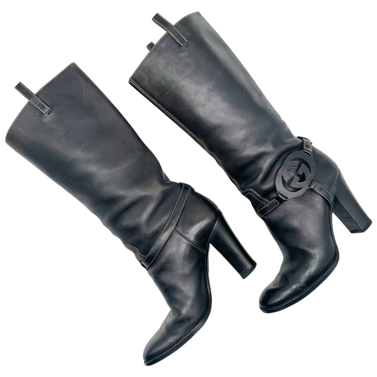 Gucci Black Leather Heeled Boots with GG Logo