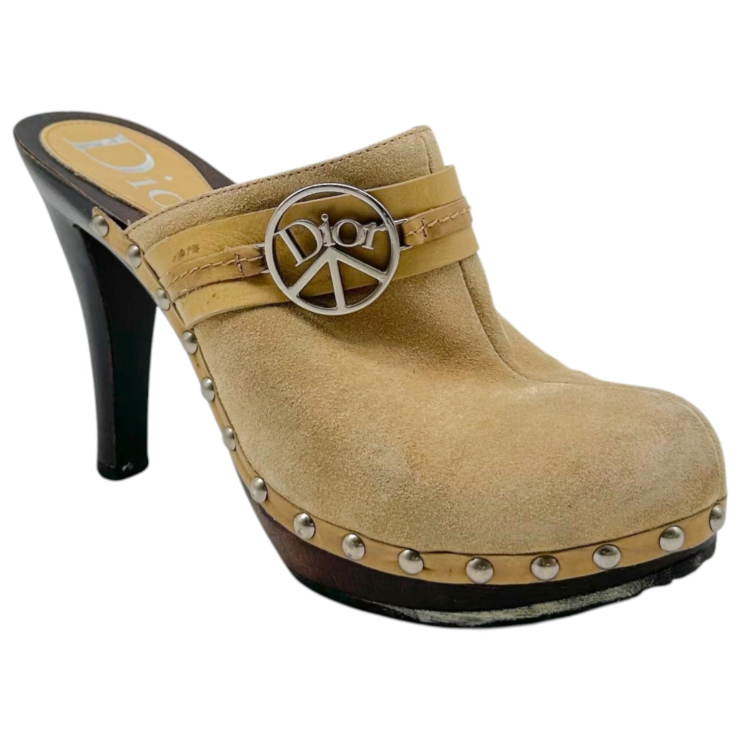 Christian Dior Tan Suede Mule Clogs With Wooden Heel