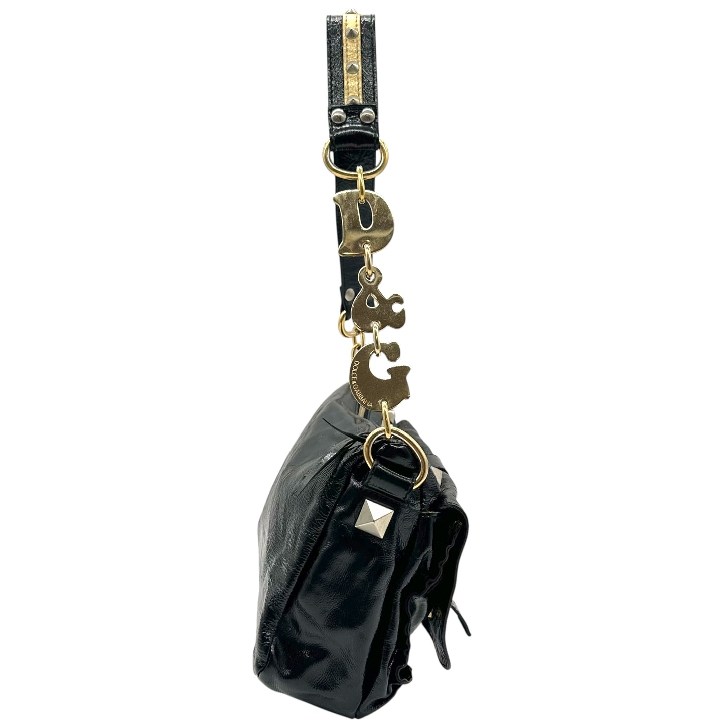 D&G Dolce & Gabbana Studded Patent Leather Logo Strap Bag