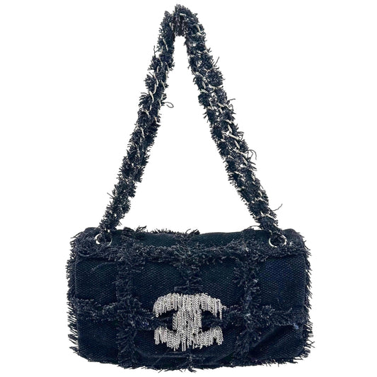 Chanel Tweed & Chain Logo East West Shoulder Bag
