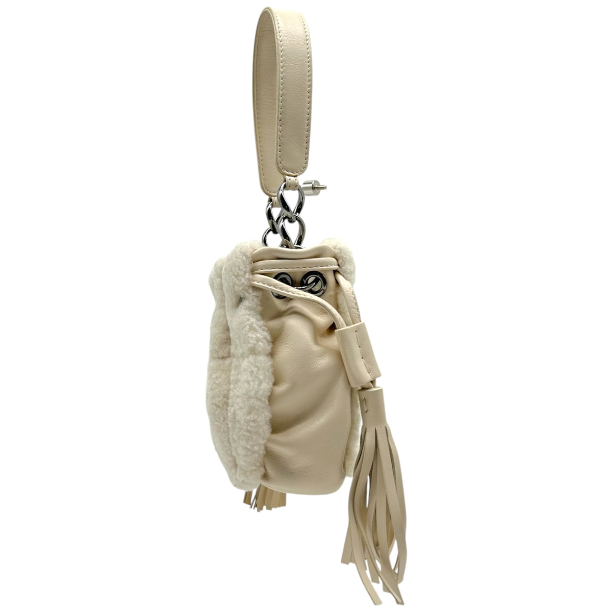 Chanel Ivory Shearling Fringe Drawstrimg Mini Bucket Handbag 2003-04