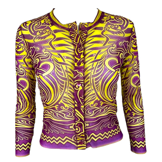 Jean Paul Gaultier Soleil 1996 Purple & Yellow Tribal Print Mesh Crop Cardigan