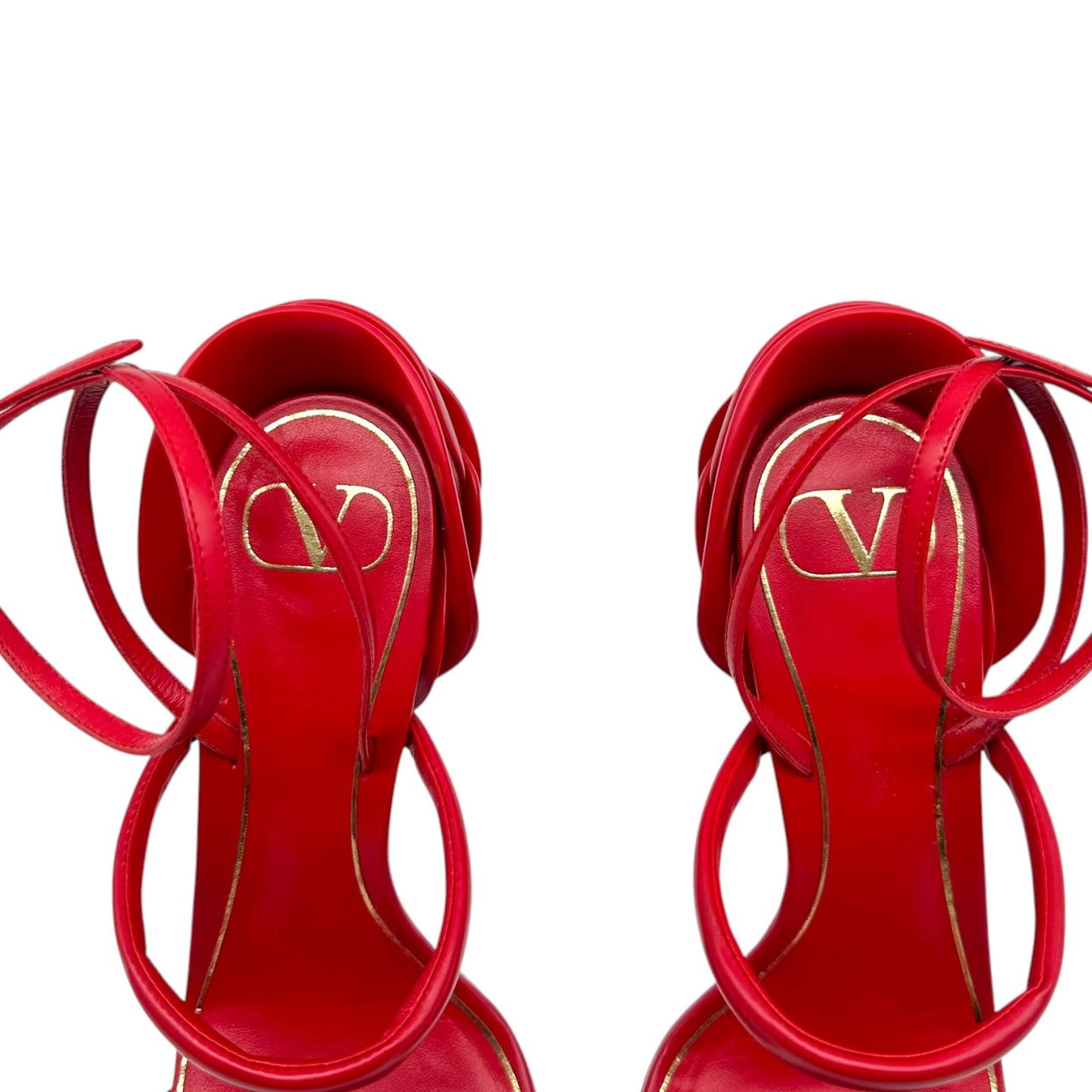 Valentino Garavani Red Leather Flower Heel Strappy Sandal Pumps