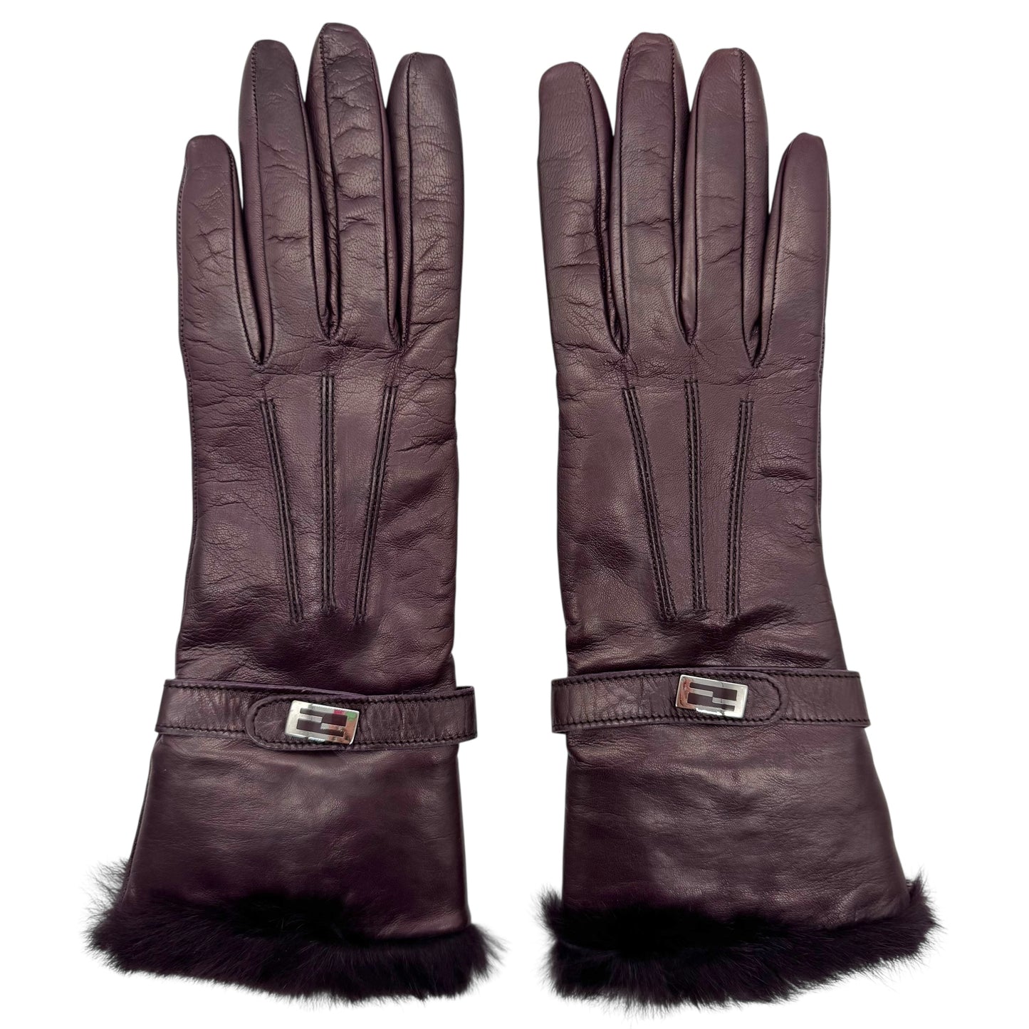 Fendi Burgundy Leather Fur Trim Gloves