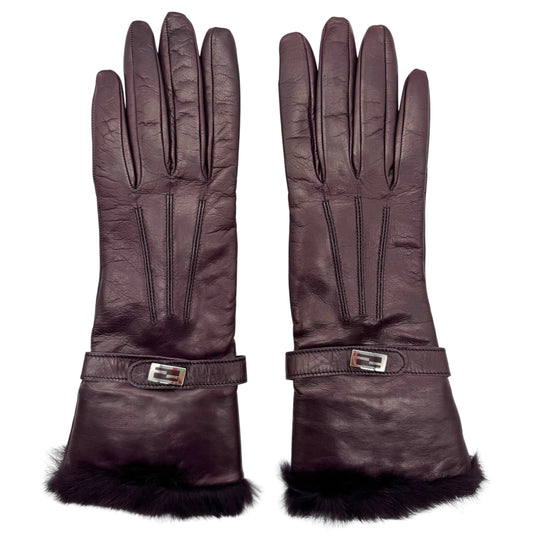 Fendi Burgundy Leather Fur Trim Gloves
