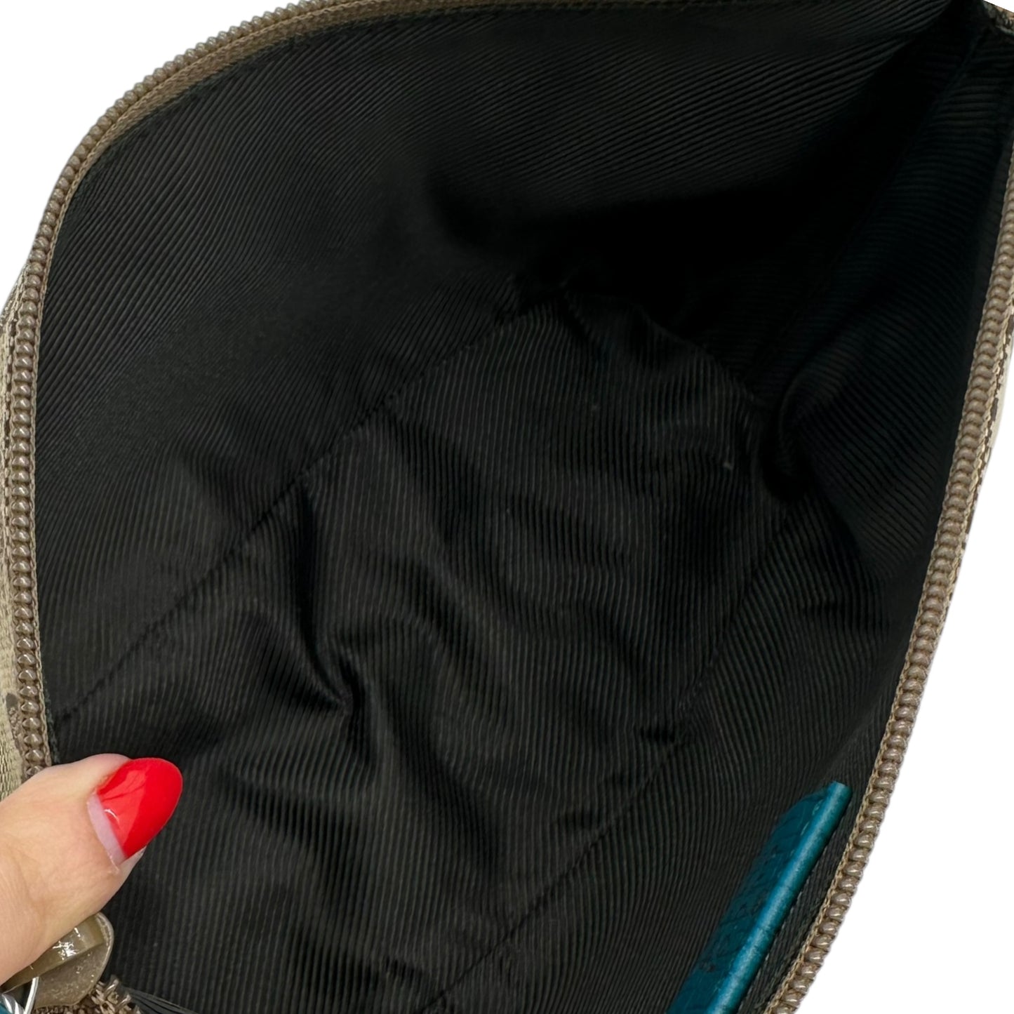 Gucci Tan Monogram & Teal Trim Pochette Bag - Outfit Repeater