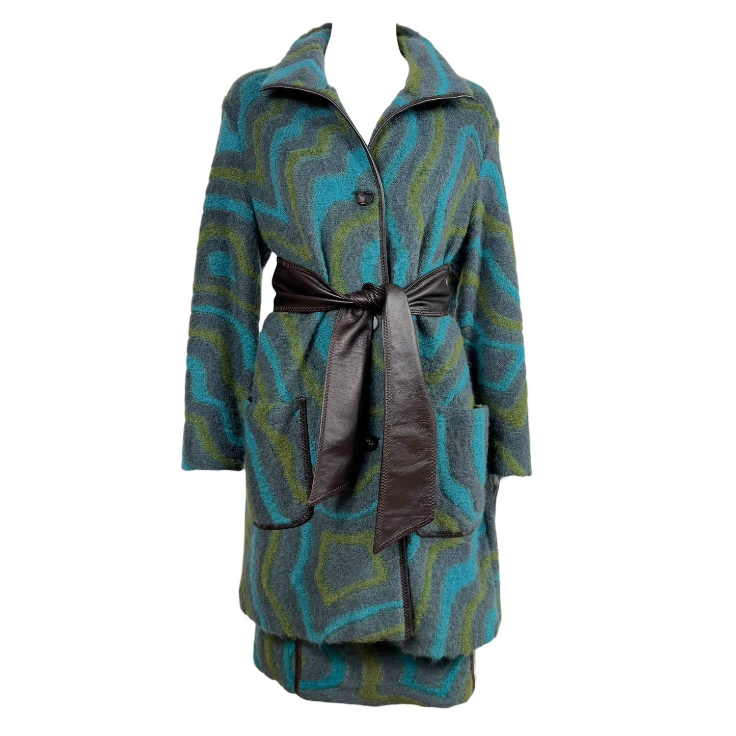 Missoni Blue & Green Mohair & Leather Coat & Midi Skirt Set