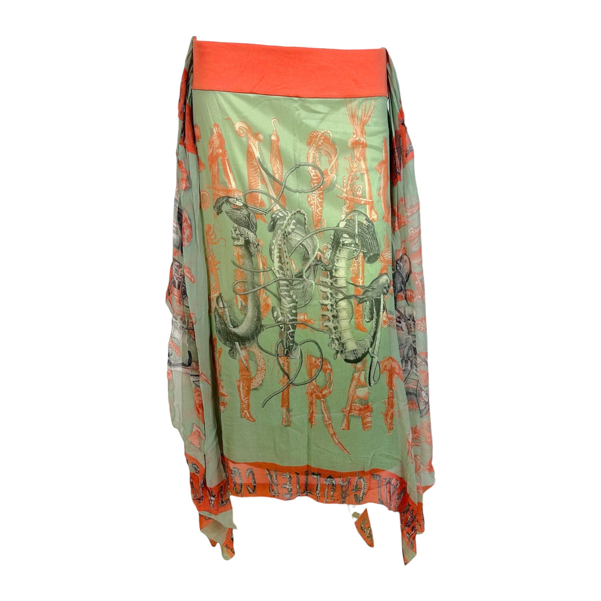 Jean Paul Gaultier Teal & Orange Printed Silk Flowy Midi Skirt