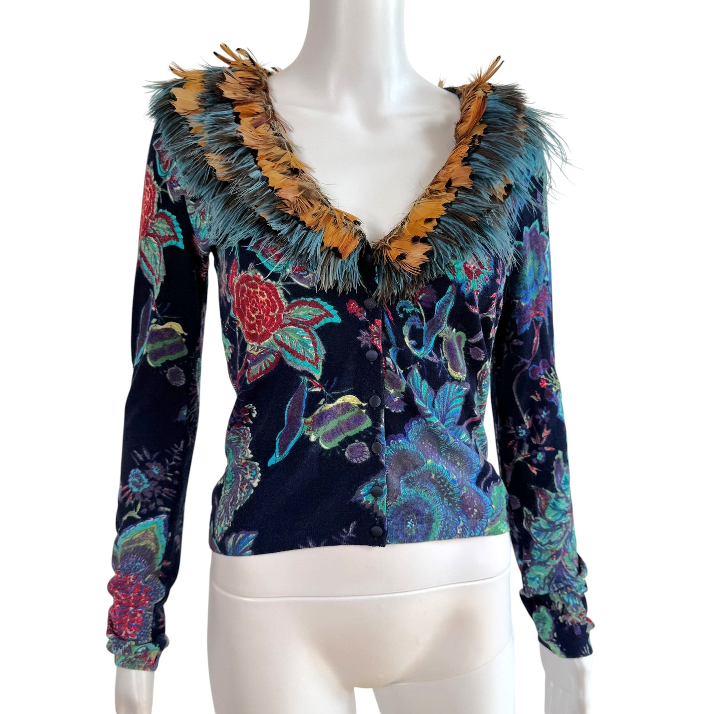Blumarine Blue Floral Feather Trim Collar Cardigan