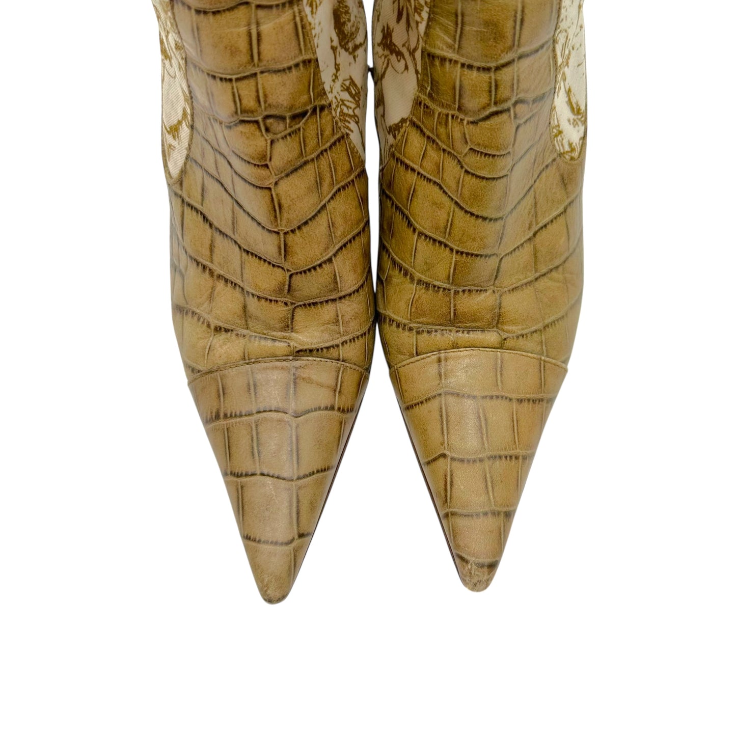 Roberto Cavalli Croc Embossed and Canvas Print Heeled Boots