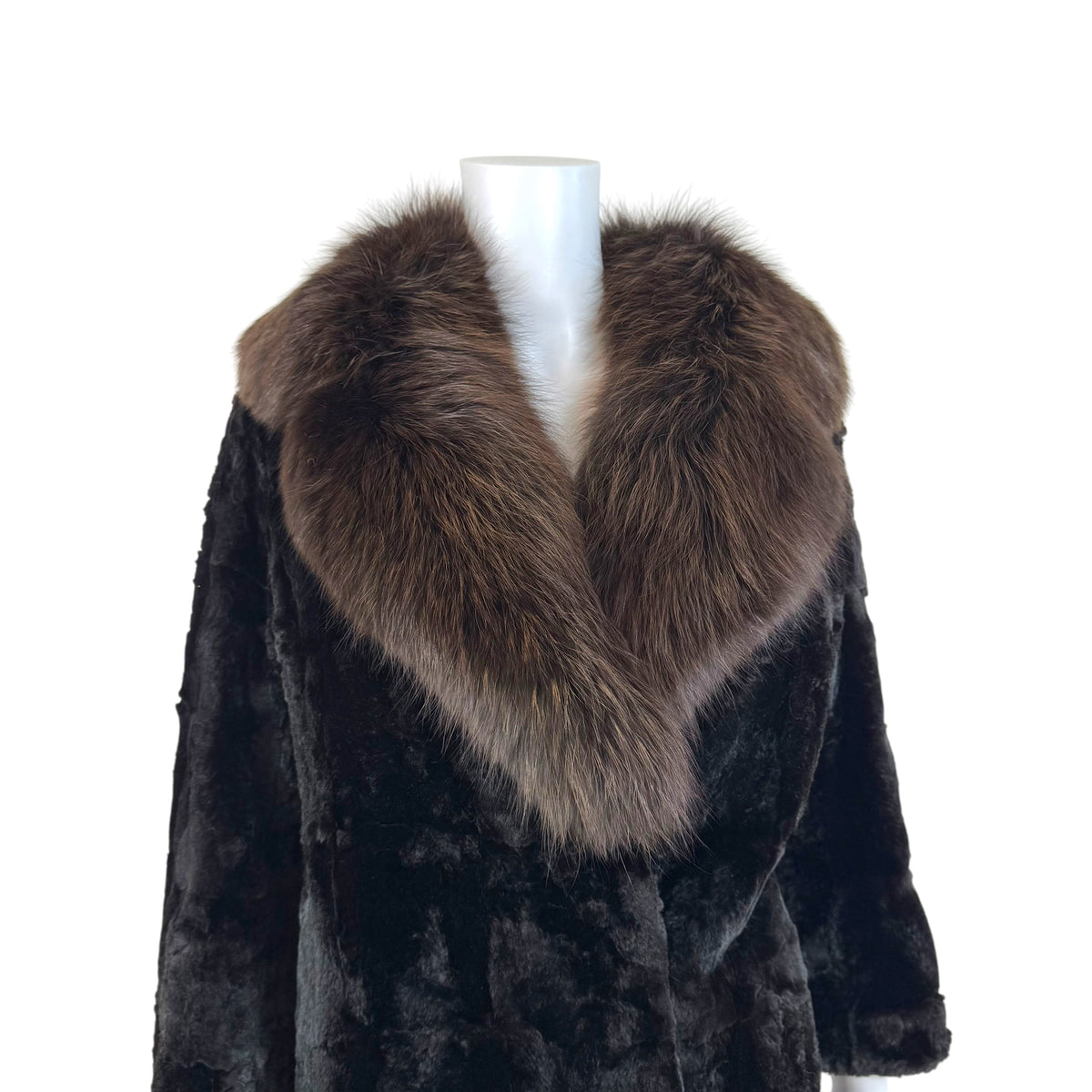Black Sheared Mink Fur Coat With Fox Fur Collar