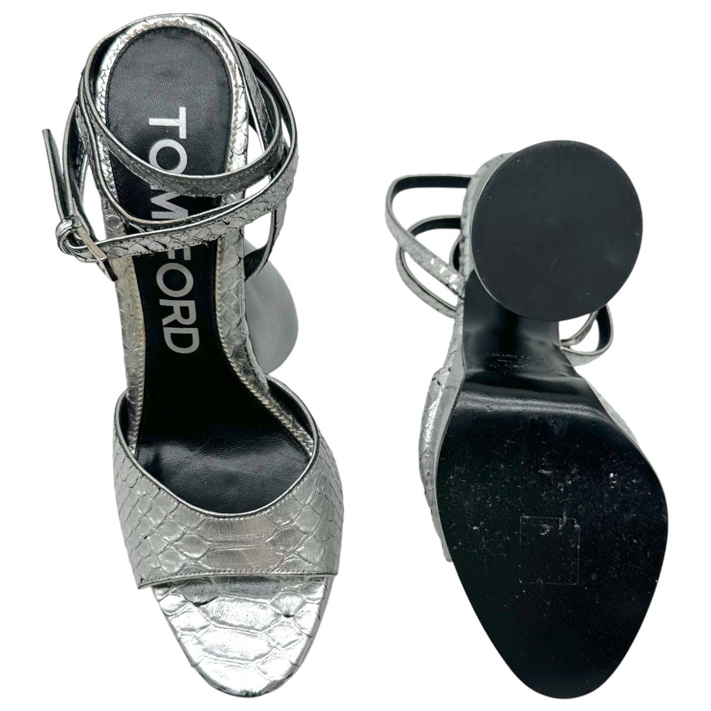 Tom Ford Fall 2020 Silver Snakeskin 'Disco' Chunky Heel Platform Sandal Heels