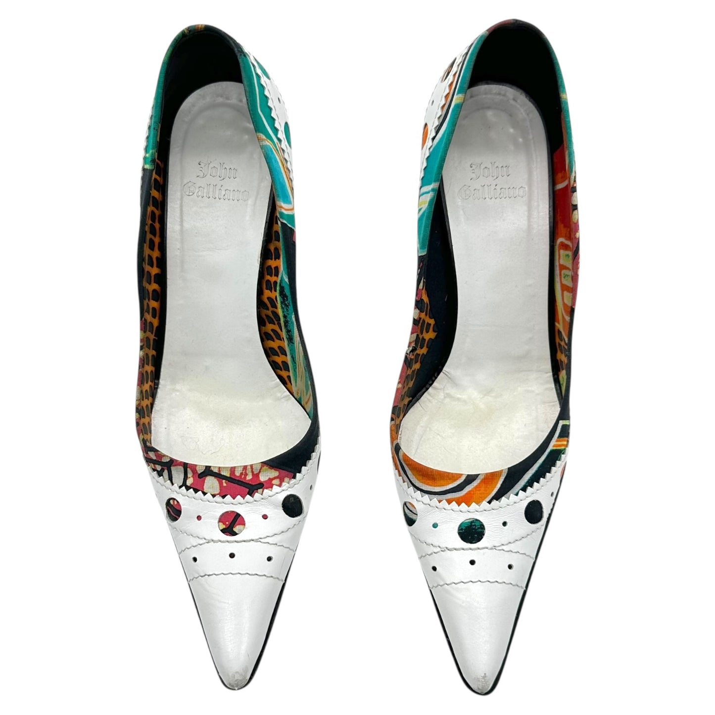 John Galliano Printed Silk & White Leather Pointed Heels