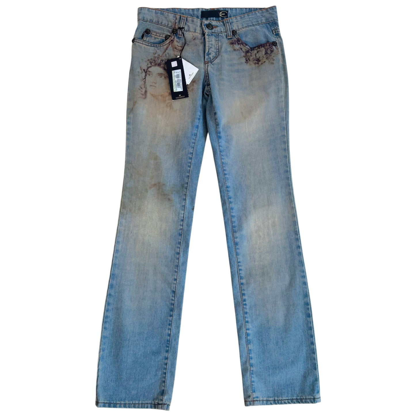 Roberto Cavalli Blue Denim Statue Print Jeans