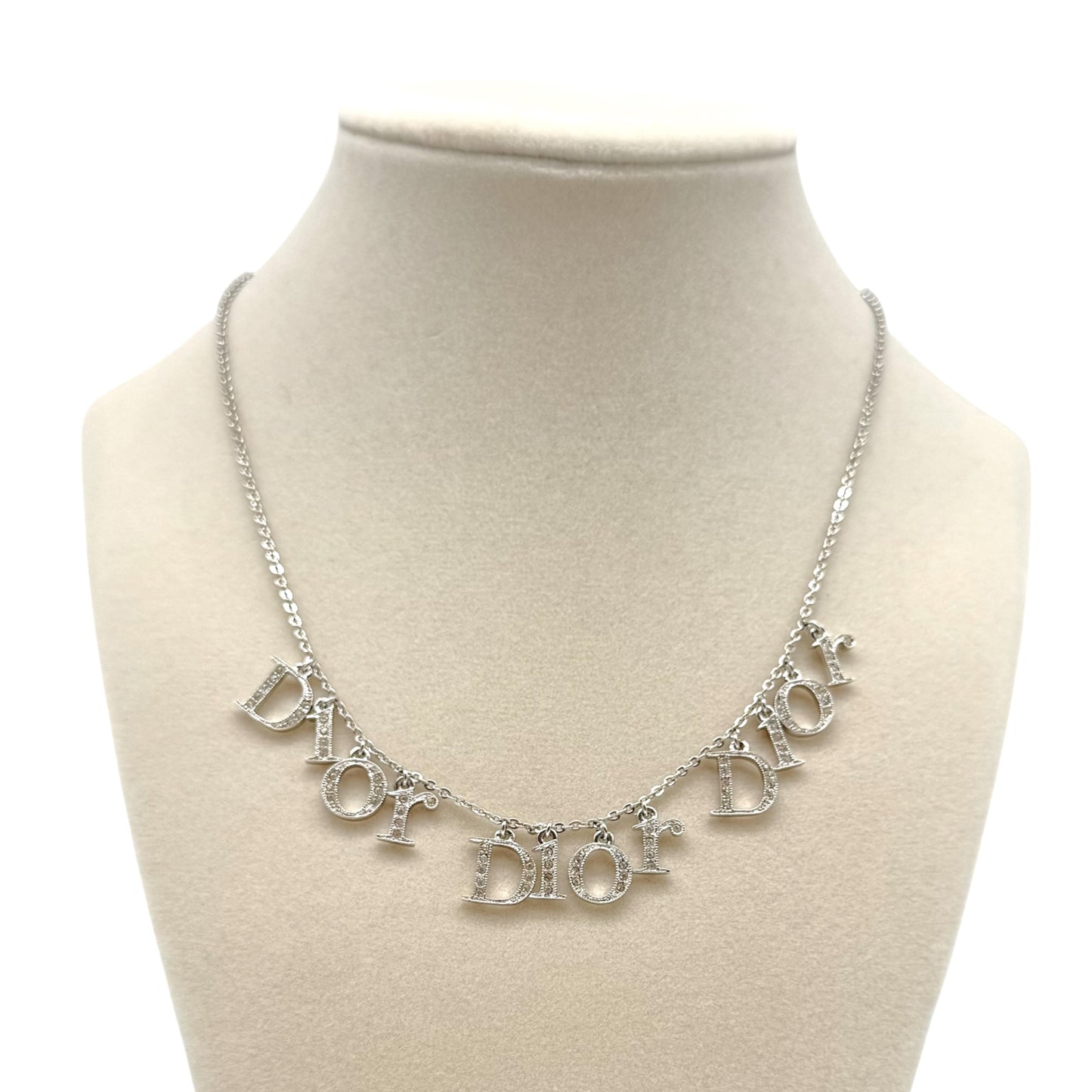 Christian Dior Silver Crystal Triple Logo Charm Necklace