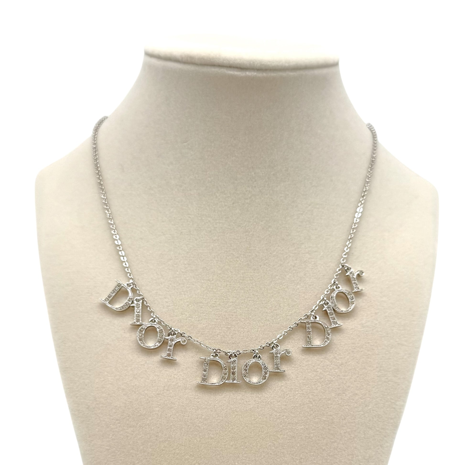 Christian Dior Silver Crystal Triple Logo Charm Necklace