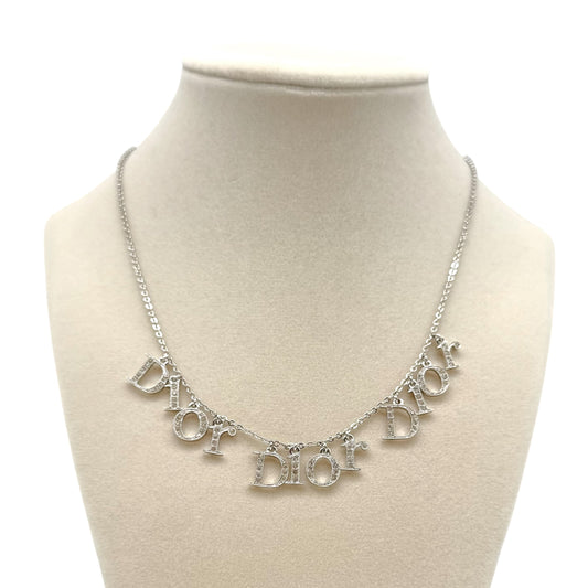 Christian Dior Silver Crystal Triple Logo Charm Necklace