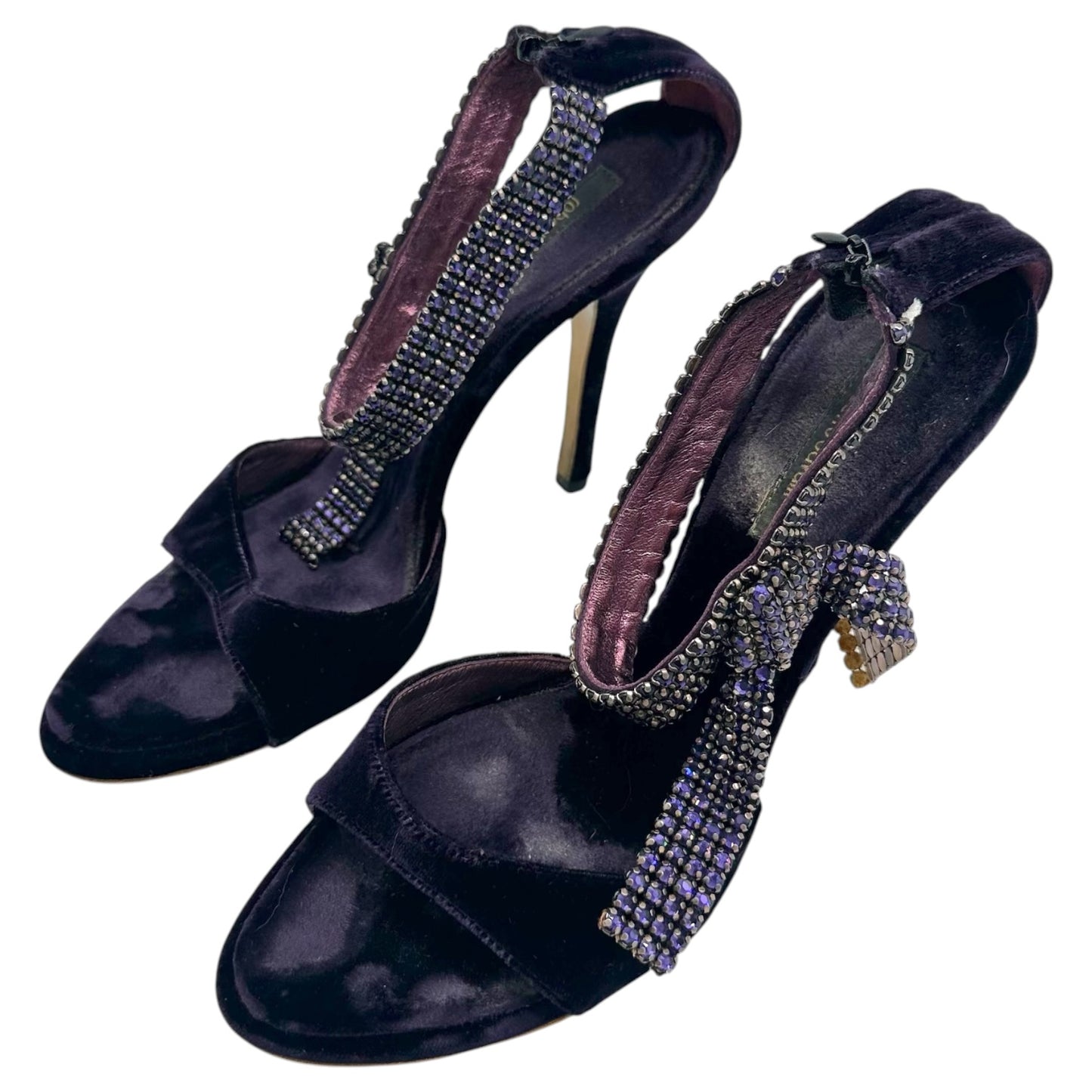 Roberto Cavalli Purple Velvet & Crystal Ankle Strap Heeled Sandals