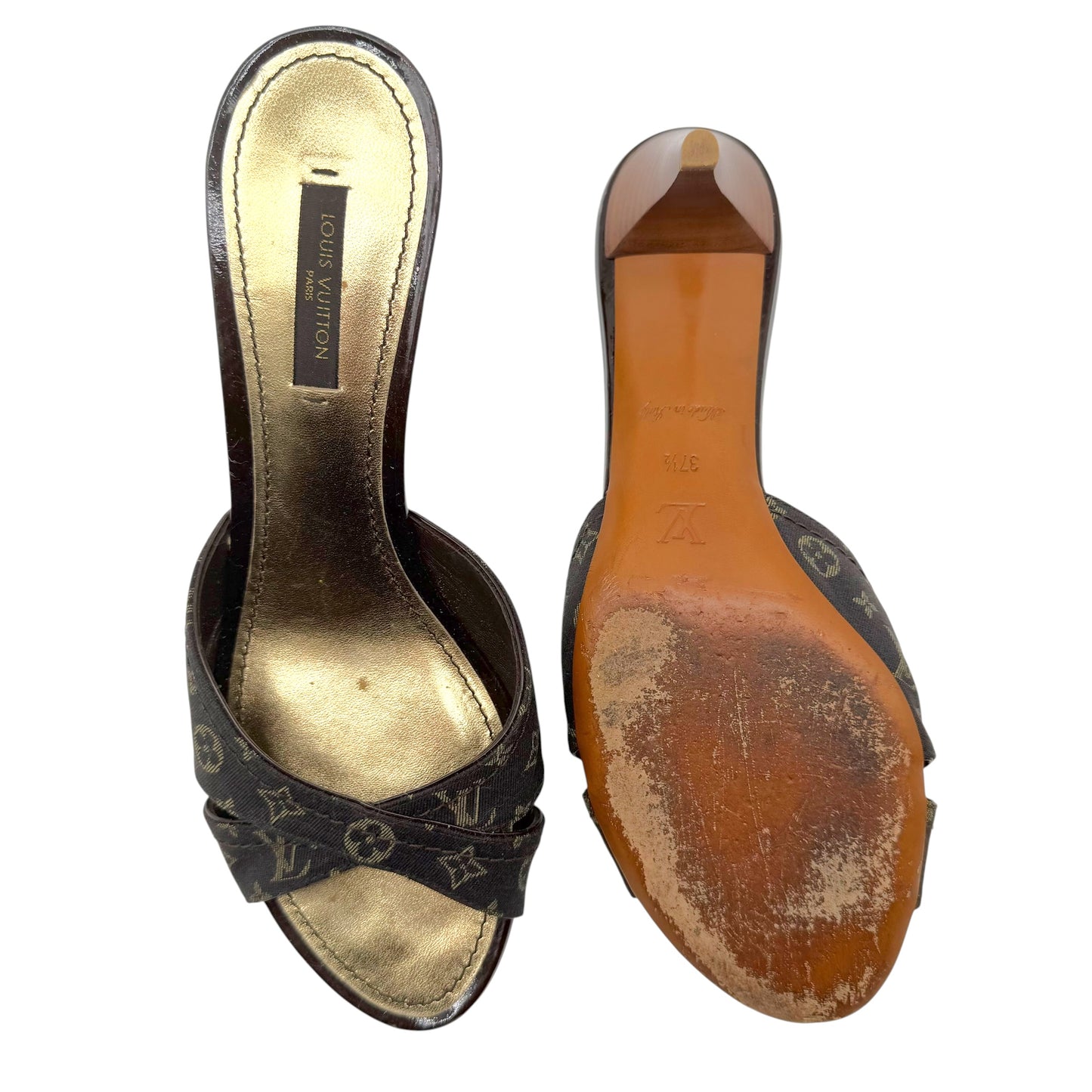 Louis Vuitton Brown Lin Monogram Kitten Heel Mules