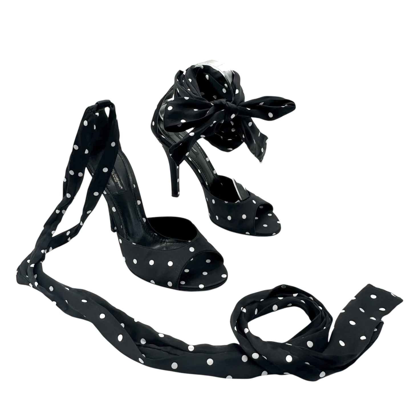 Dolce & Gabbana Black Polka Dot Silk Wrap Sandal Heels - Outfit Repeater
