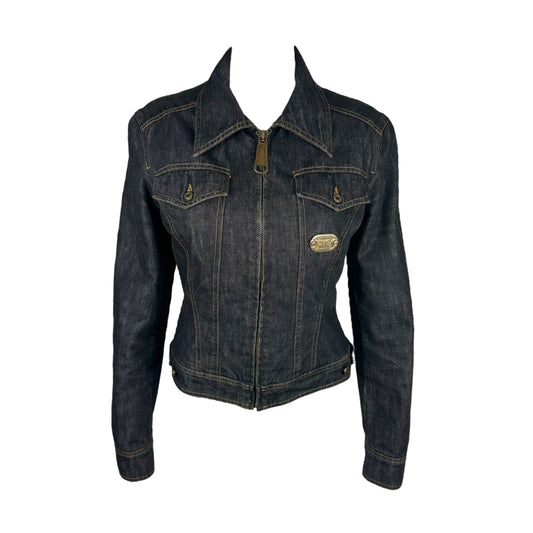 D&G Dolce & Gabbana Plaid Lined Cropped Dark Denim Jacket
