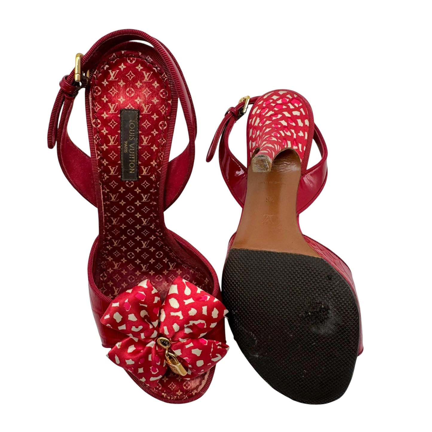 Louis Vuitton Red & White Gingham Silk & Crock Slingback Sandal Heels