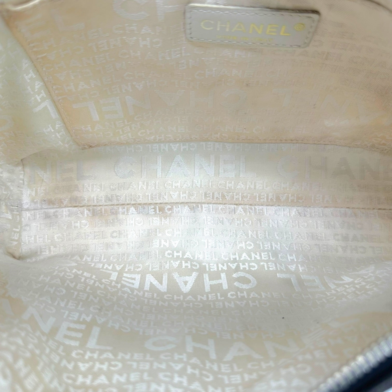Chanel Canvas Shoulder Bag Gray White Chocolate Bar CC Logo