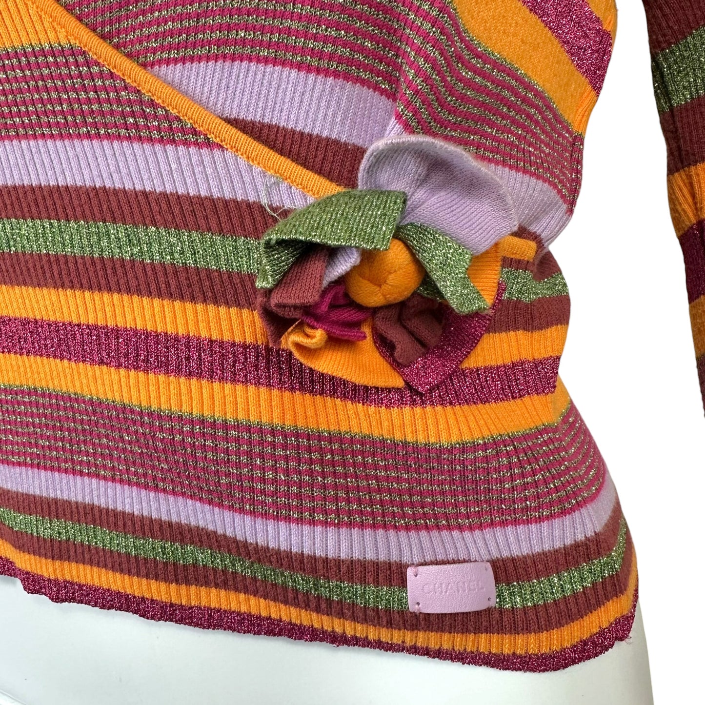 Chanel Spring 2001 Purple & Orange Metallic Striped Wrap Style Sweater Top