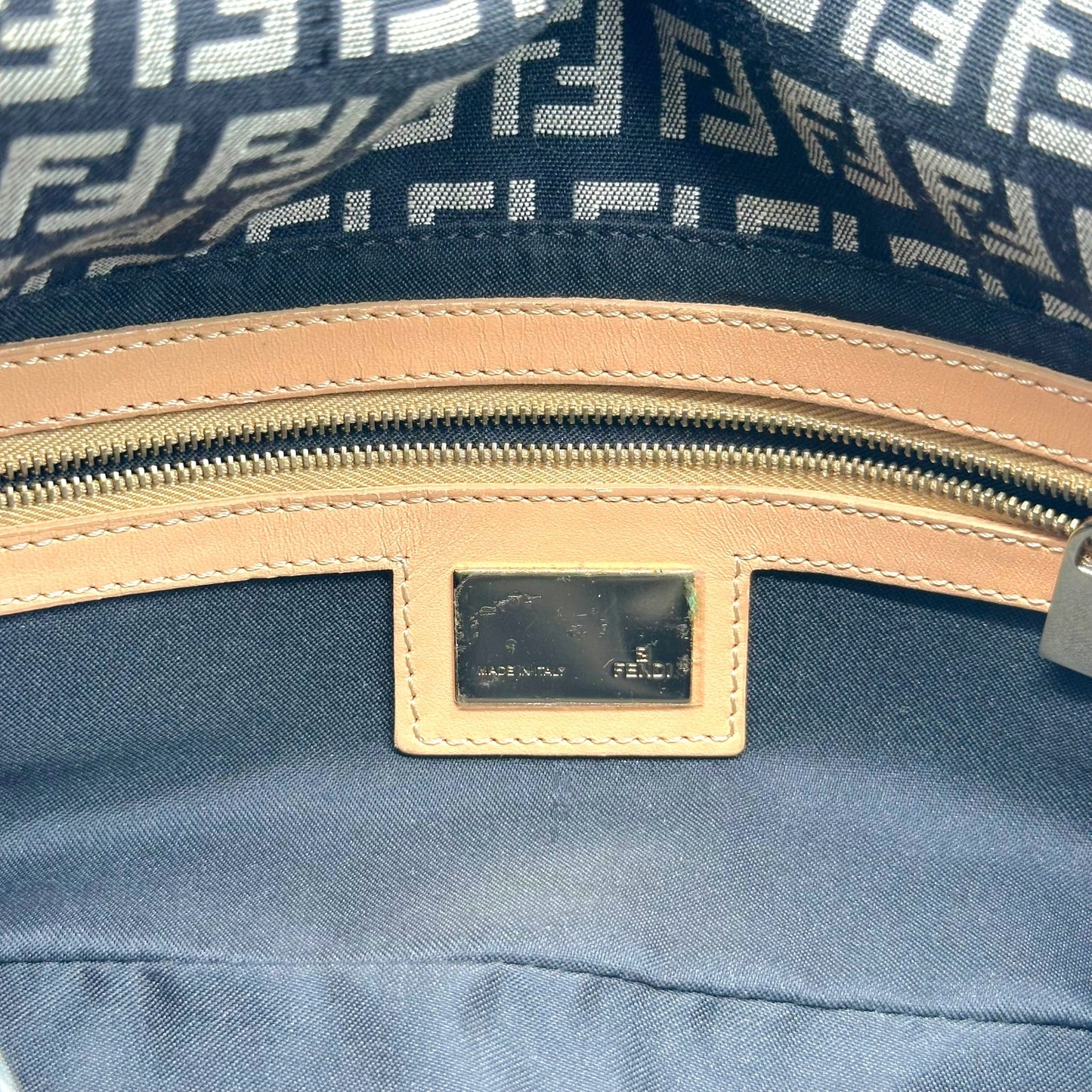 Fendi Fold-Over Baguette Bag Black Beige Zucchino Monogram