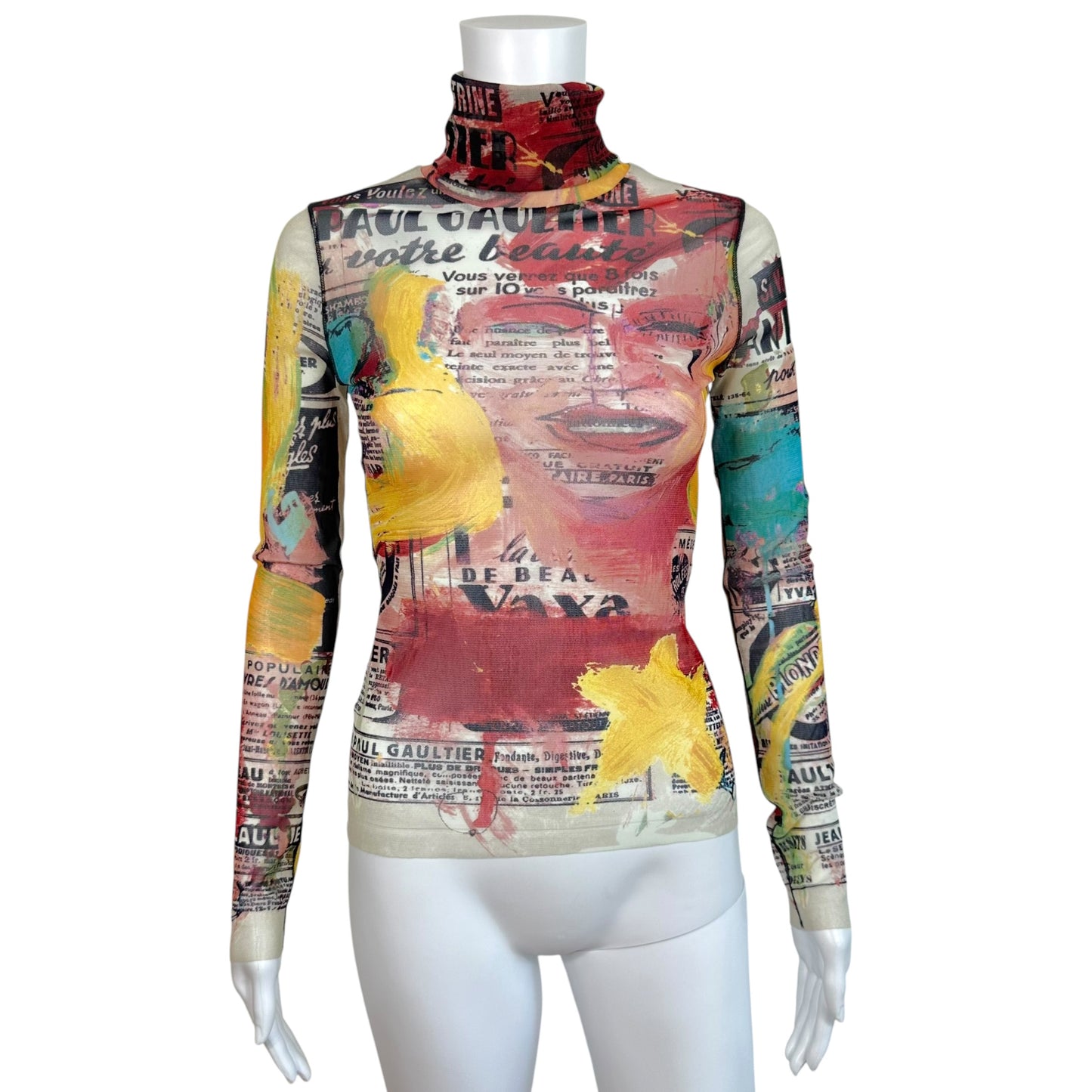 Jean Paul Gaultier Multicolor Newsprint Mesh Turtleneck Top