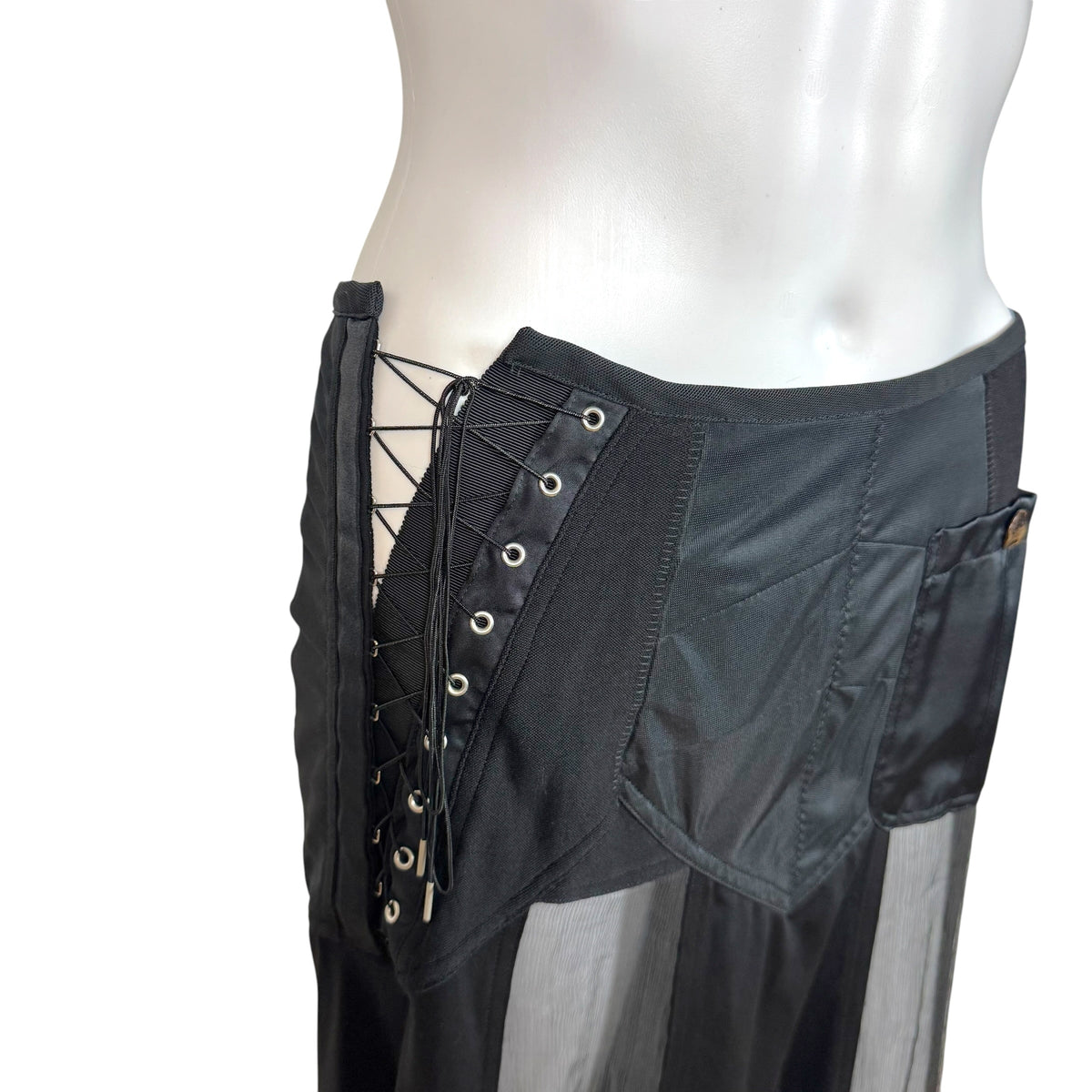 Jean Paul Gaultier Black Sheer Silk Paneled Lace-Up Side Maxi SKirt