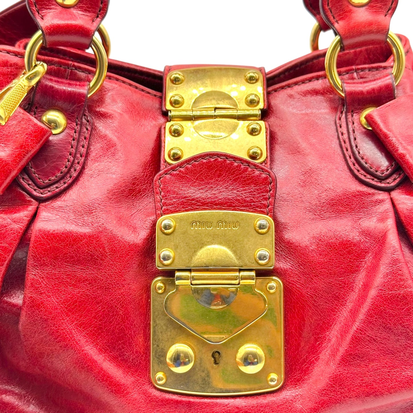Miu Miu Red & Gold Bow Embellished 2-Way Small Bowler Bag