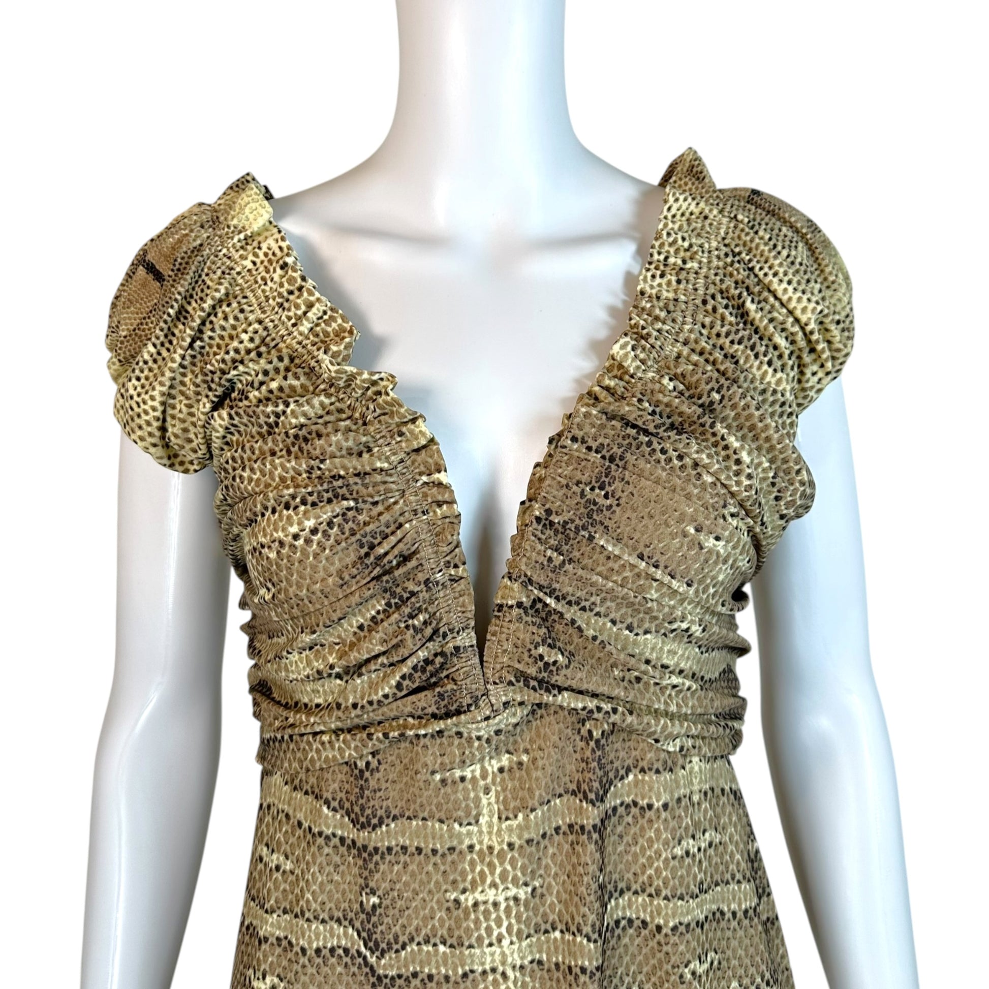Roberto Cavalli Mini Dress Snakeskin Print V-Neck Large