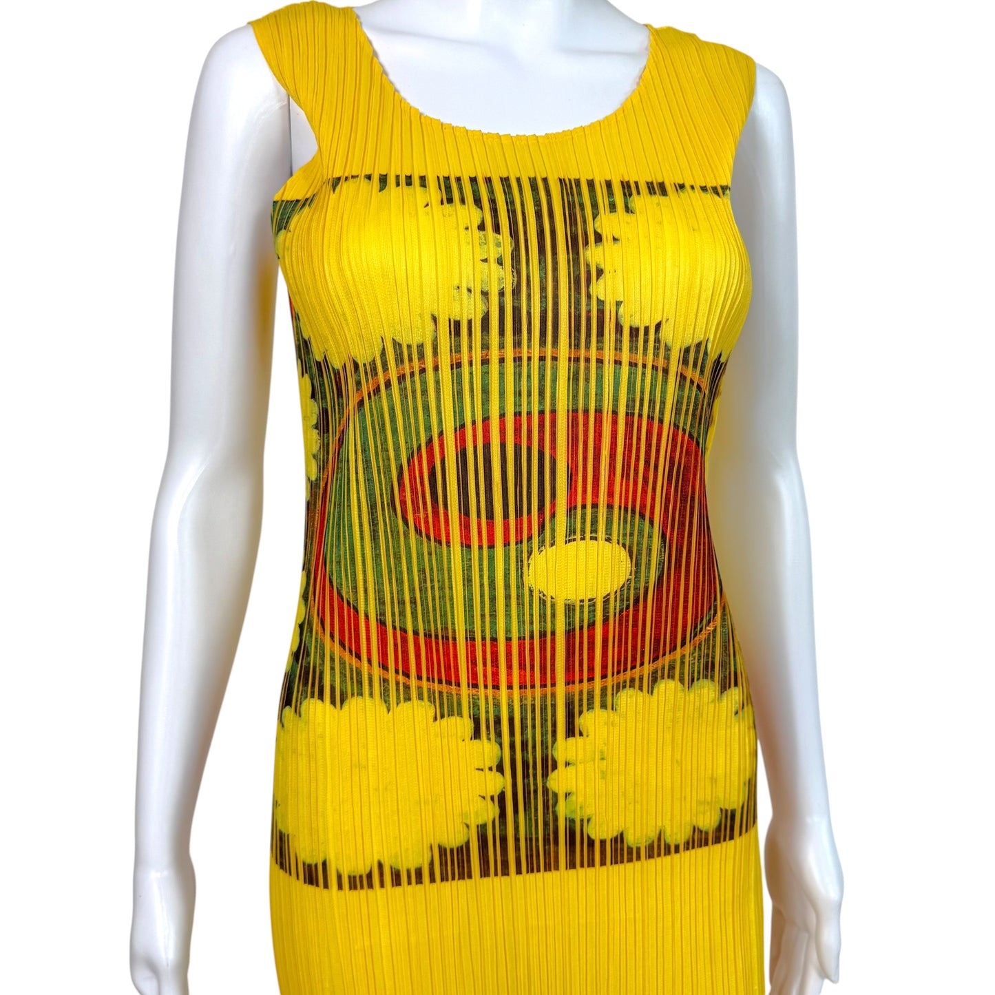 Issey Miyake Pleats Please Yellow Multi Yin-Yang & Bamboo Leaf Printed Dress Sz 3