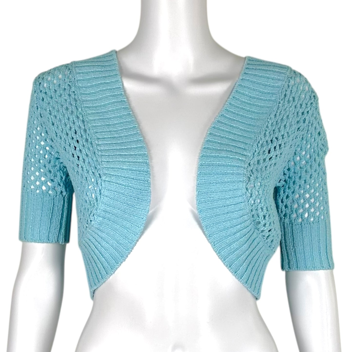 Courreges Teal Blue Open Knit Hooded 1/2 Sleeve Bolero
