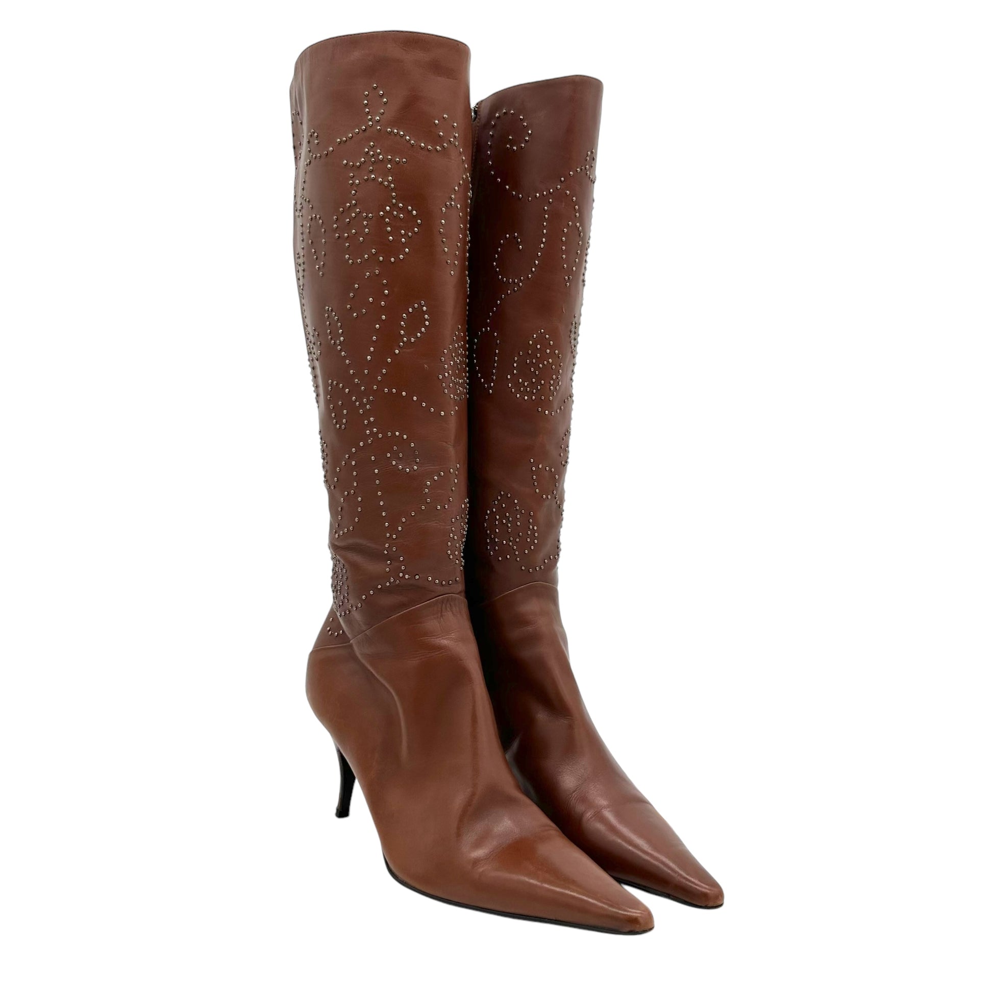 Oscar de la Renta Brown Studded Leather Boots - Outfit Repeater