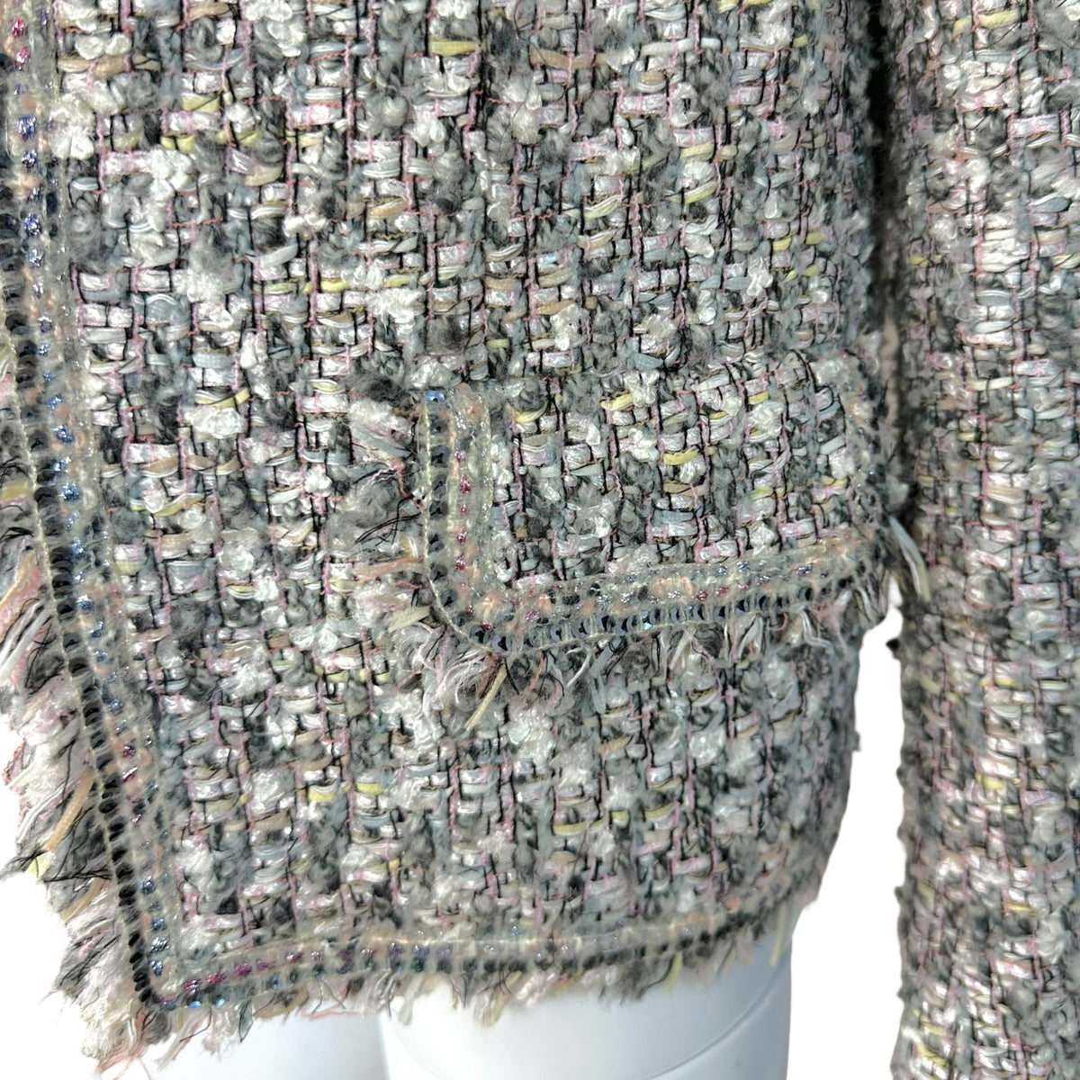 Chanel Tweed Blazer Jacket Pink Gray Sequin Trim