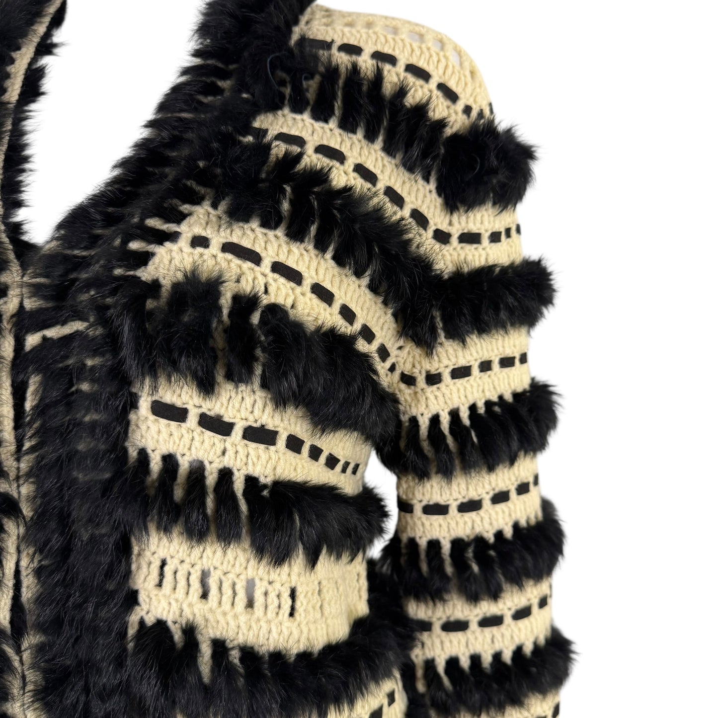 Just Cavalli Roberto Cavalli Black Rabbit Fur & Ivory Knit Cardigan