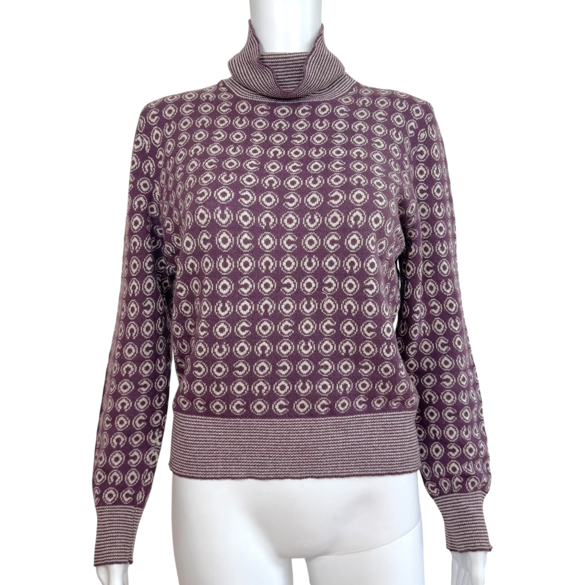 Chanel Knit Turtleneck Sweater Purple White Coco Logo
