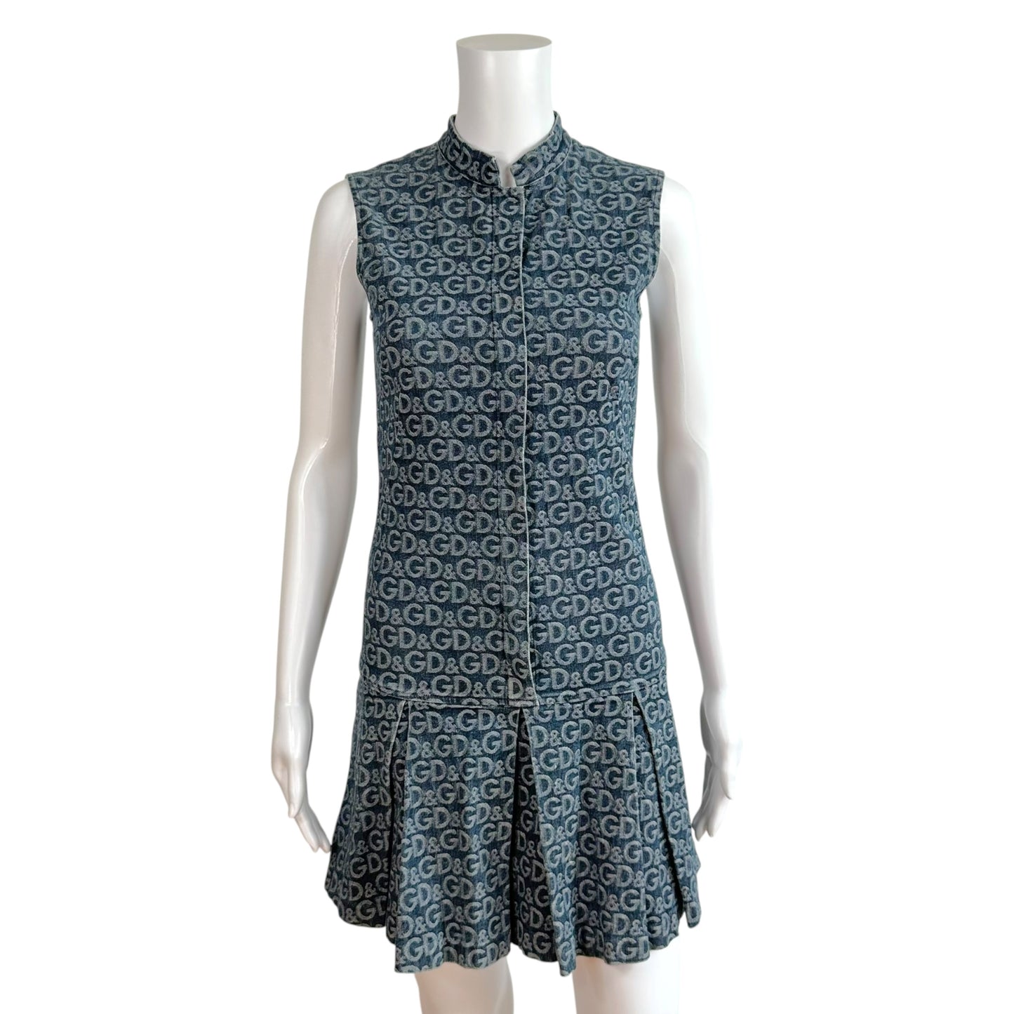 D&G Pleated Denim Mini Dress All-Over Logo Pattern