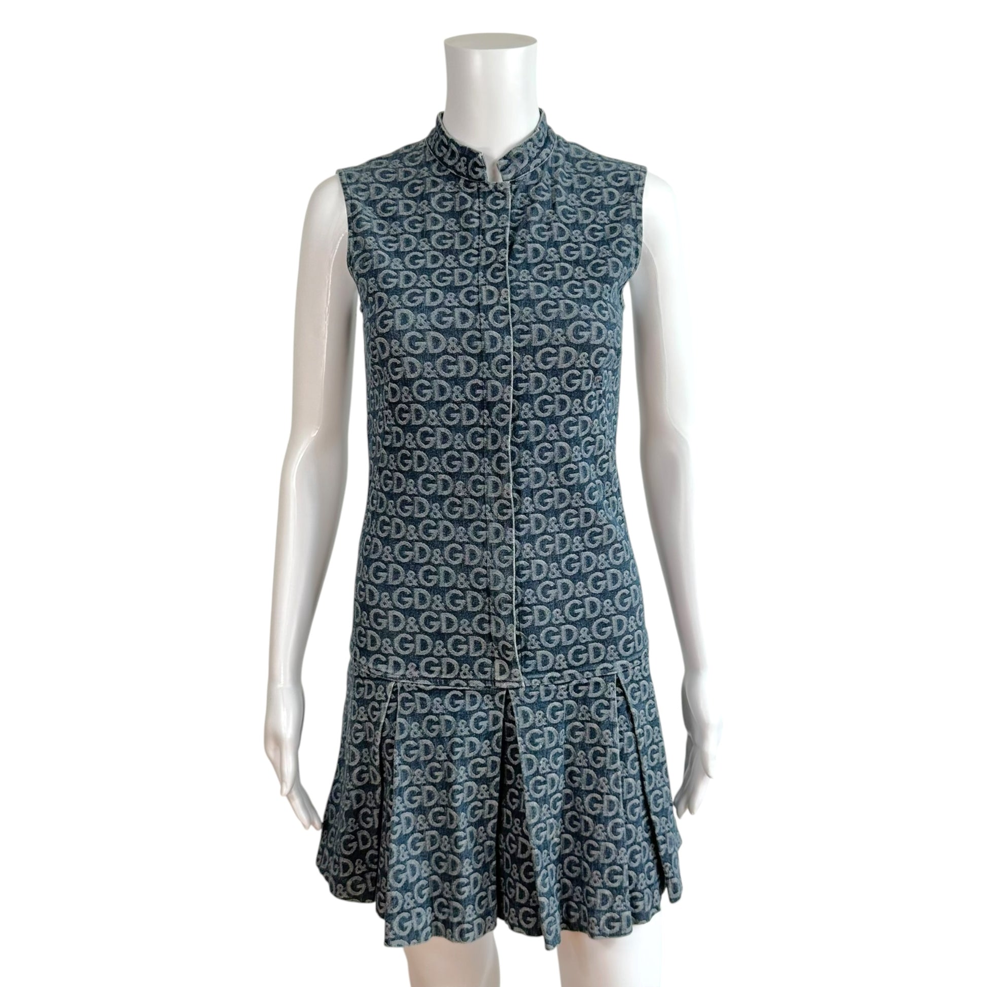 D&G Pleated Denim Mini Dress All-Over Logo Pattern