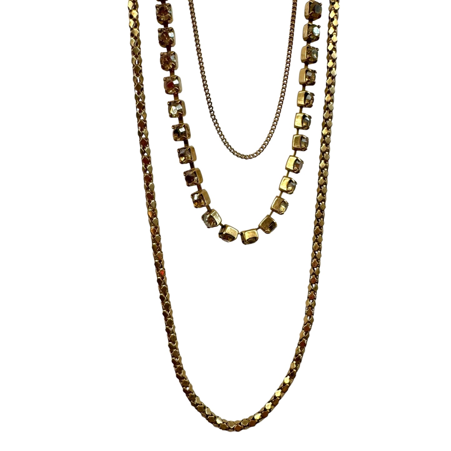 Christian Dior Gold Logo Charm Crystal Long Layered Necklace